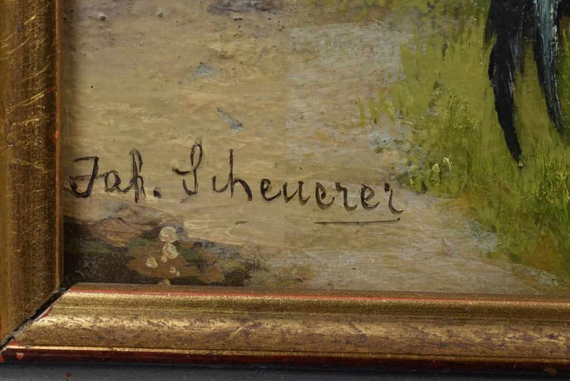 Scheuerer, Julius (1859-1913) „Hahn und Hühner“, Öl/Platte, u.l. sign., 14x20cm (m.R. 22,5x28cm), - Bild 3 aus 4