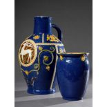 2 Diverse Jugendstil Keramiken Kanne und Vase mit blau/gelber Glasur und plastischen Dekorationen "