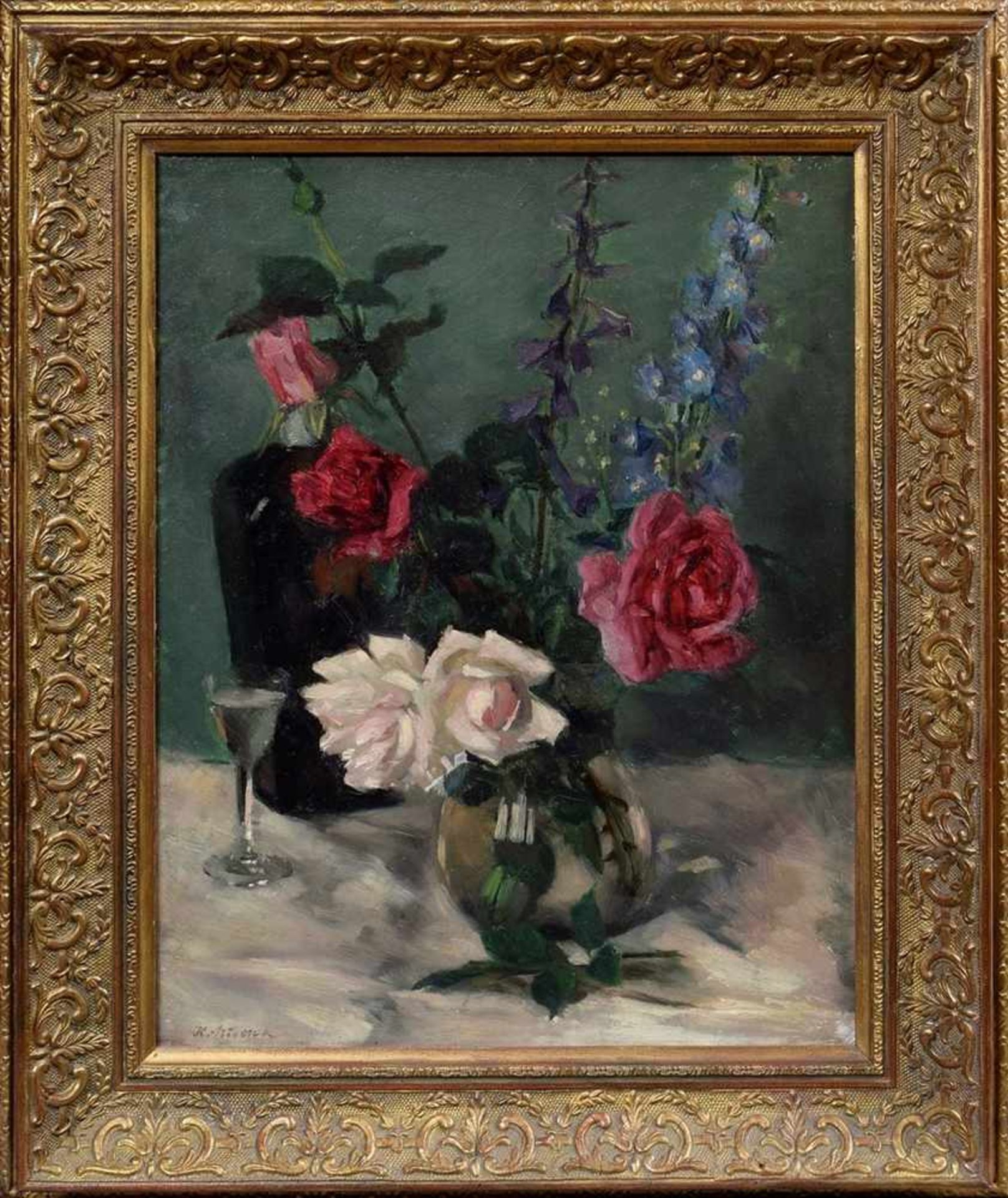 Miersch, Carl (1894-1964) „Blumenstillleben mit Flasche und Glas“, Öl/Malpappe, u.l. sign., - Bild 2 aus 4