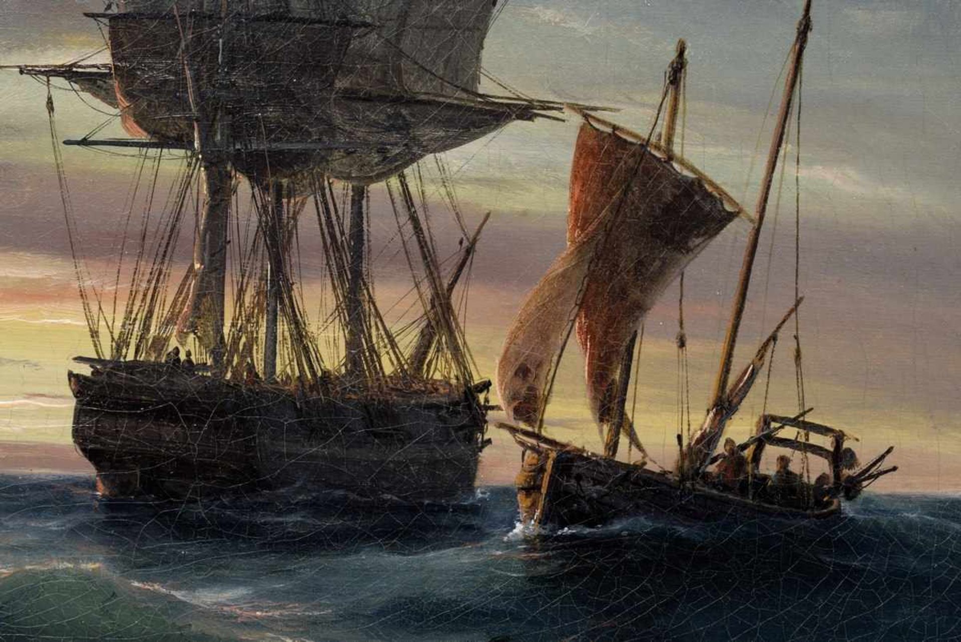 Melbye, Anton (1818-1875) „Dreimaster und Fischerboot im Abendrot“, 1852, Öl/Leinwand, u.r. sign./ - Bild 3 aus 5