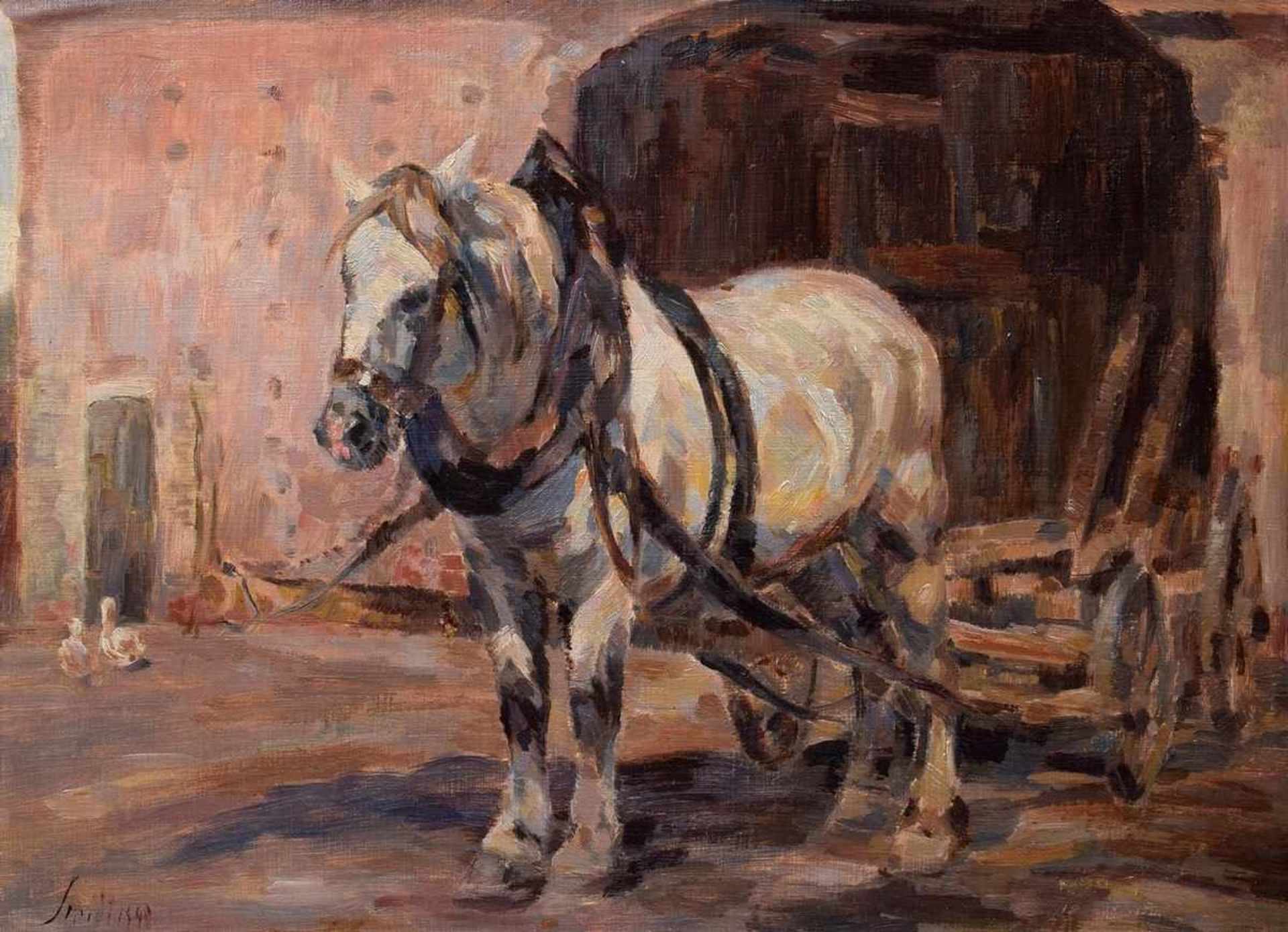 Smidt, Emil Leonhard (1878-1954) "Pferd mit Fuhrwerk", Öl/Malpappe, u.l. sign./ schwer leserlich