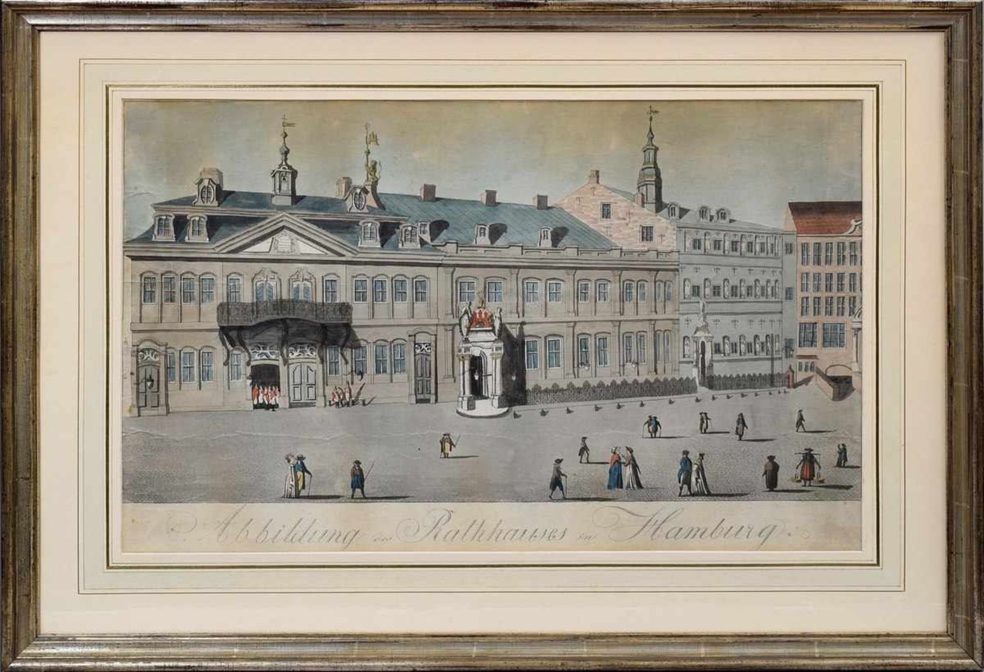Hamburgensie "Abbildung des Rathauses in Hamburg", colorierte Aquatinta-Radierung, um 1800, - Bild 2 aus 2