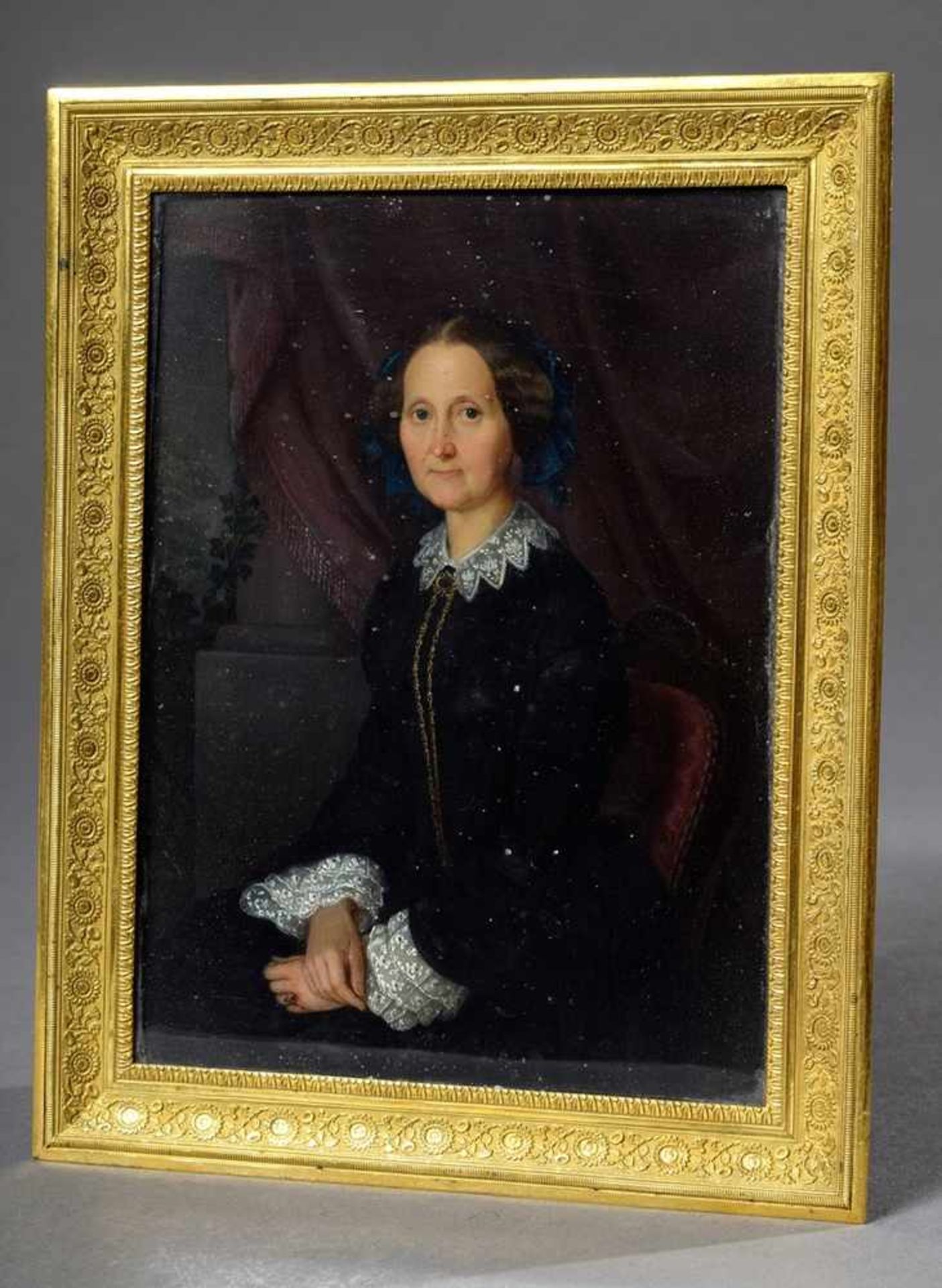 Reich, F. (?) "Portrait einer Dame mit blauem Haarband", um 1855/60, lupenfeine Miniaturmalerei,