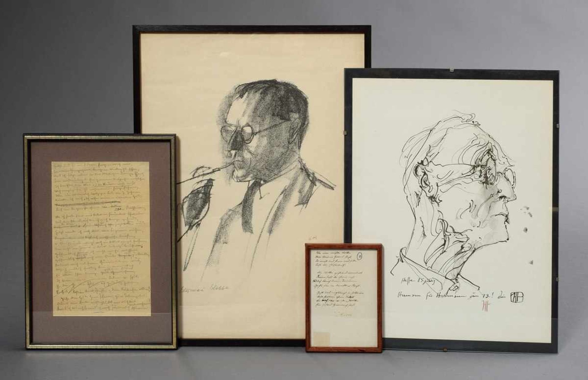 4 Hermann Hesse Memorabilien: 2 diverse Autographen (14x9,5/m.R. 15x11cm u. 22x14/m.R. 30x22cm)
