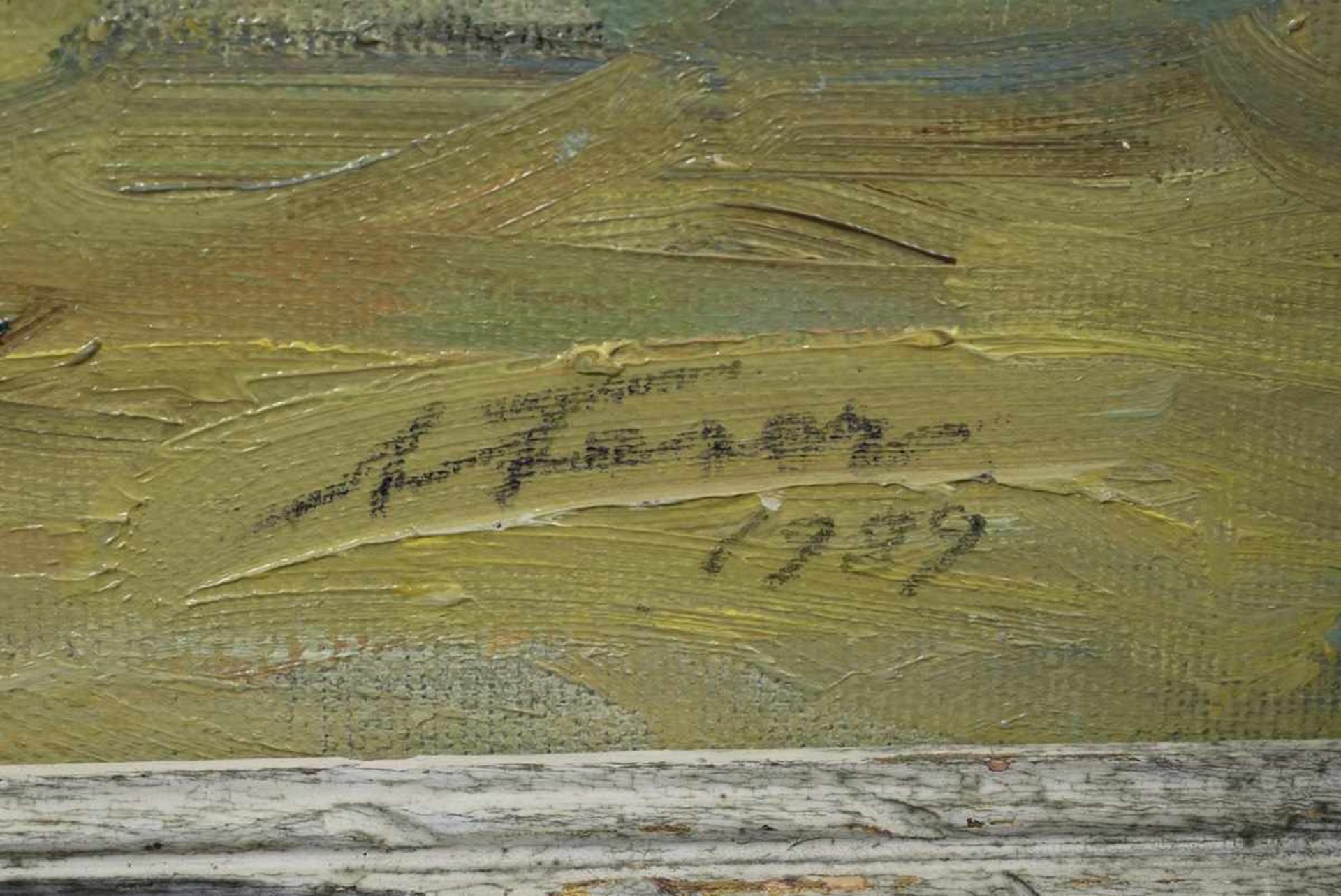 Feser, Albert (1901-1993) „Blicke über die Elbe auf Finkenwerder“ 1989, Öl/Malpappe, u.r. sign./ - Bild 3 aus 4