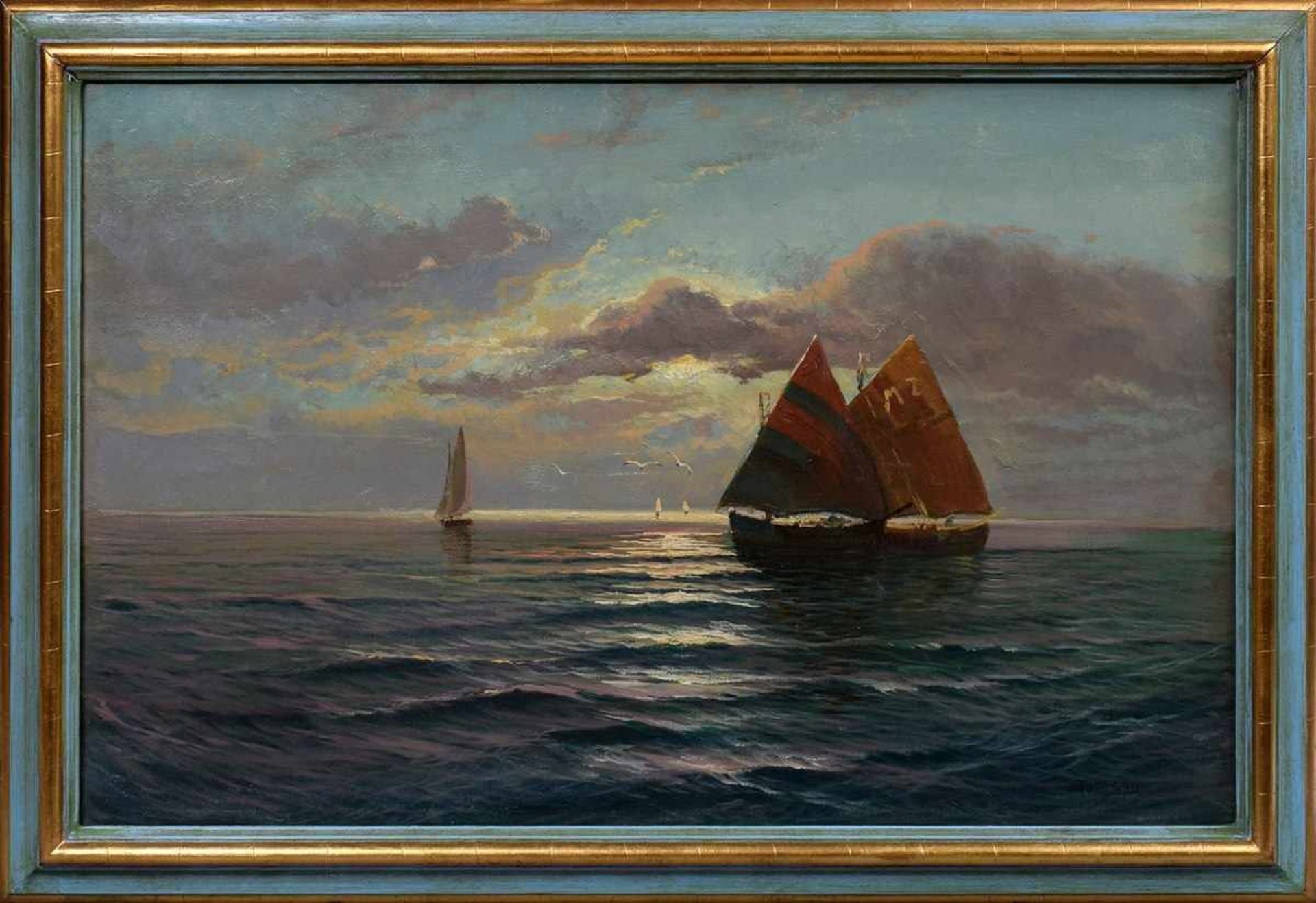 Tomson, Arthur (1858-1905) „Kutter im Abendrot“, Öl/Leinwand, u.r. sign., 51x79cm (m.R. 64x92cm), - Bild 2 aus 4