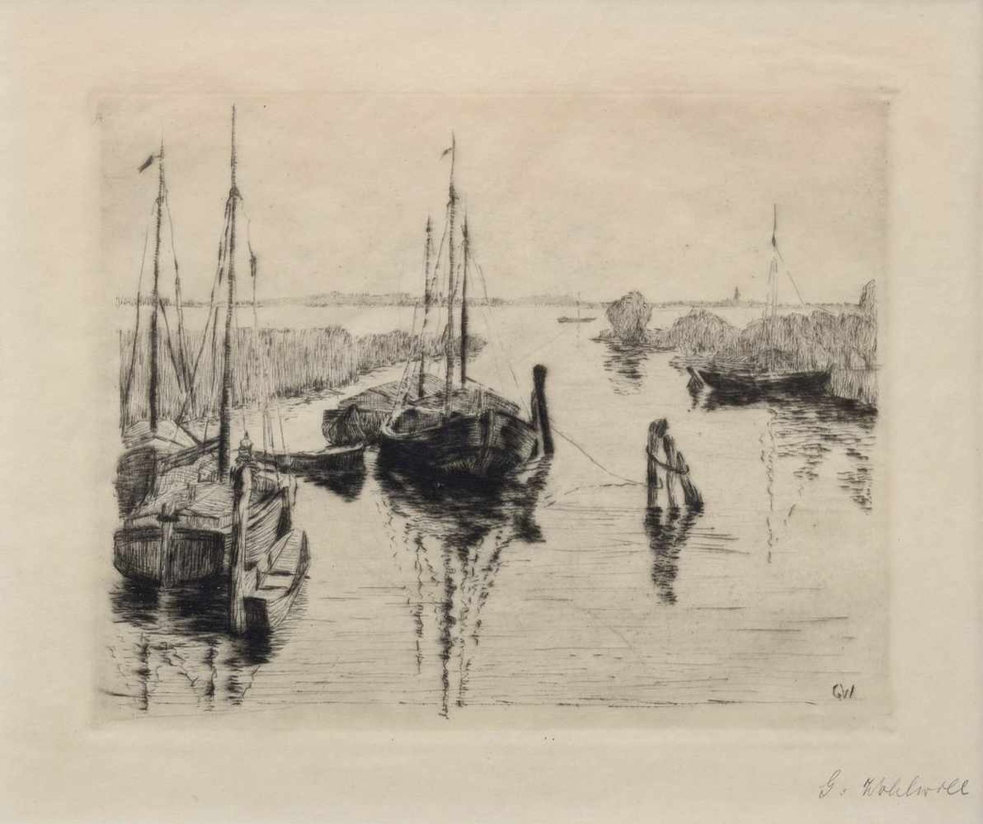 Wohlwill, Gretchen (1878-1962) "Boote am Elbufer", Radierung (ohne Auflage), u.r. sign./in der