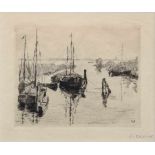 Wohlwill, Gretchen (1878-1962) "Boote am Elbufer", Radierung (ohne Auflage), u.r. sign./in der