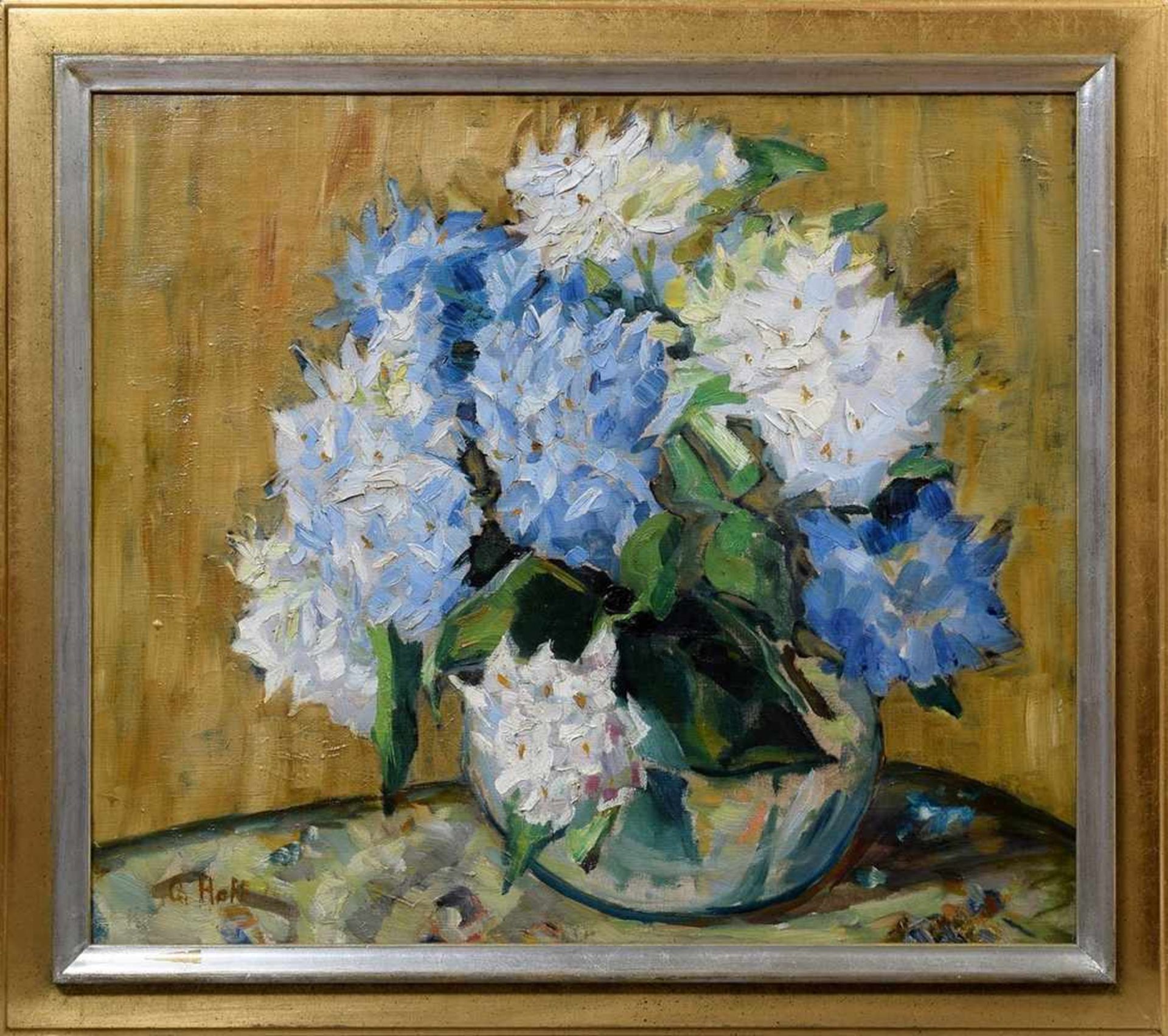 Hoff, G. „Hortensien in Kugelvase“, Öl/Leinwand, u.l. sign., verso Galerieaufkleber, 51x59cm (m.R. - Image 2 of 4