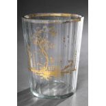 Barocker Glas Facettbecher mit Goldmalerei "Cavalier im Garten" und "Hase", H. 9,5cm, minimal