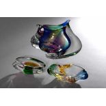 3 Diverse organisch geformte Midcentury Glasobjekte: Vase (H. 18cm) und 2 Schalen (19x12/15,5x8cm)