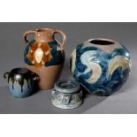 4 Diverse Jugendstil/ Art Deco Keramik Vasen und Kerzenleuchter mit verschiedenen farbigen Glasuren,