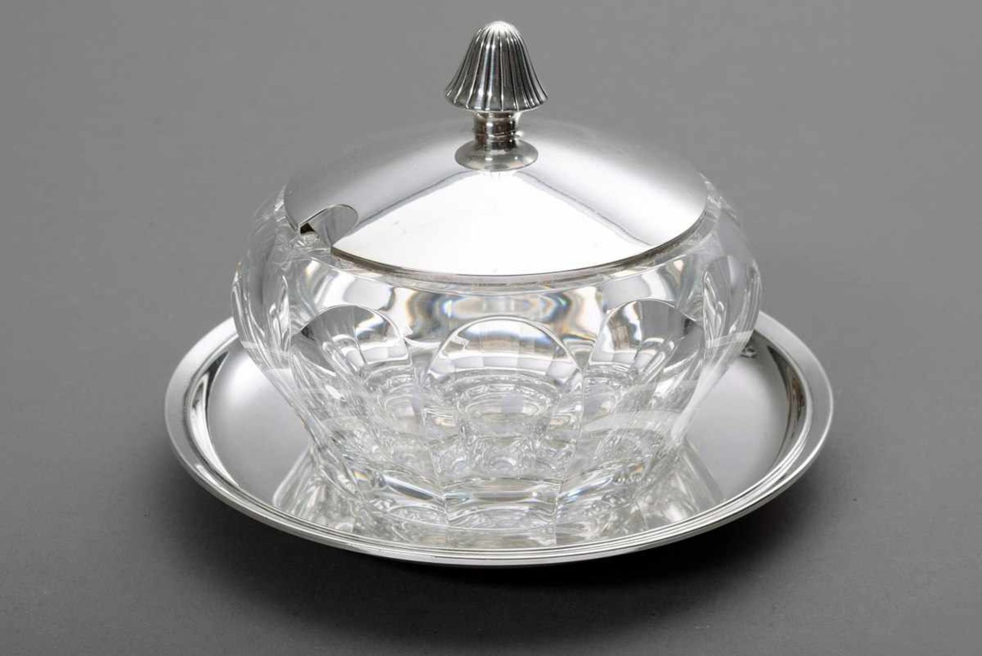 Facettierte Kristall Marmeladendose mit Silber 835 Deckel, Gebrüder Deyhle, H. 9,5cm, kleine