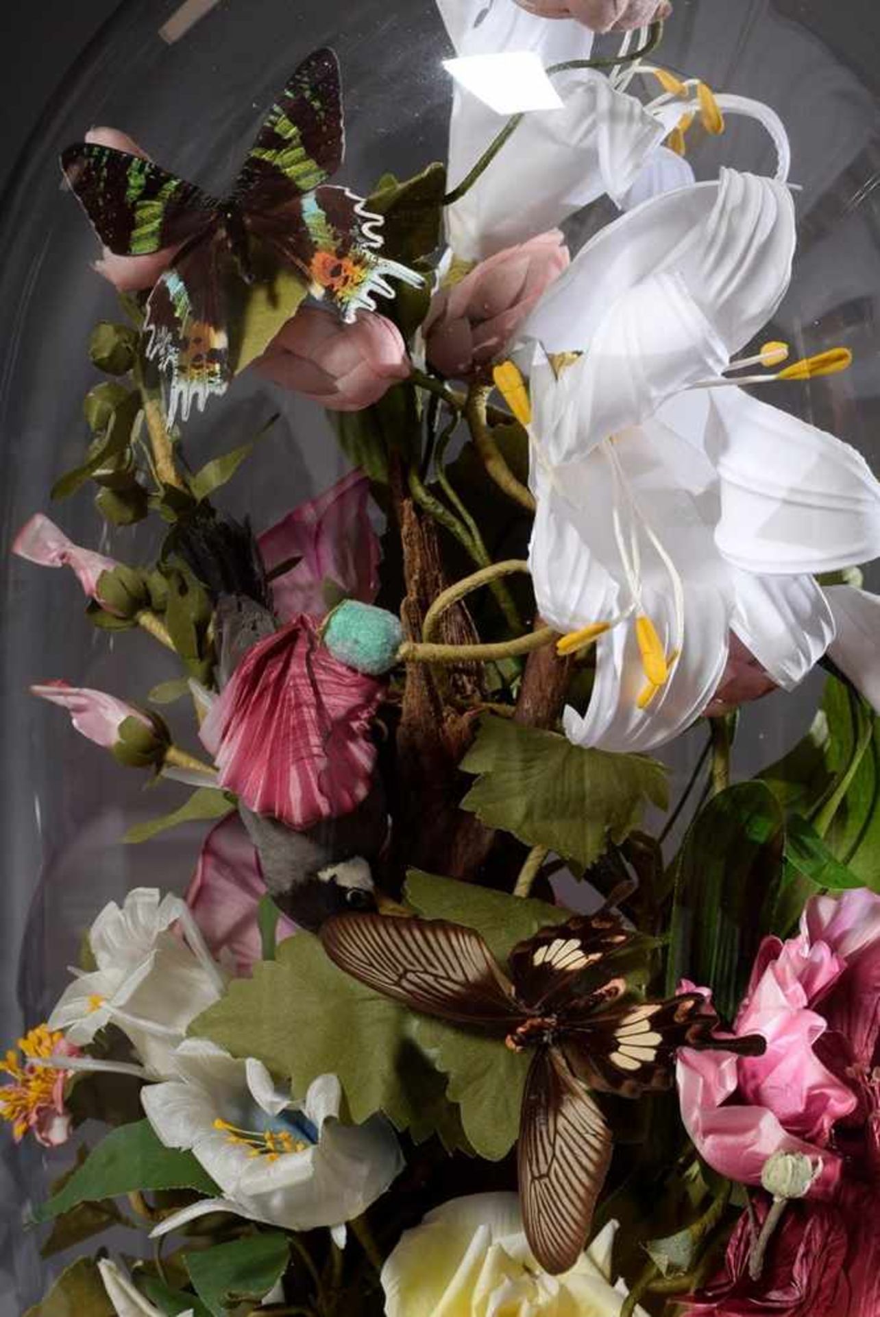 Großer ovaler Glassturz mit naturalistischem Arrangement aus Seidenblüten, Vögeln, Obst und - Bild 3 aus 4