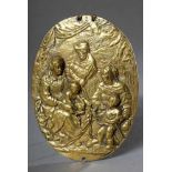 Sakraler ovaler Möbelbeschlag "Elisabeth, Maria, Joachim, Johannes und Jesus", vergoldete Bronze,