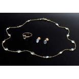 3 Teile GG 585 Mondsteincabochon Schmuck: zarte Kette (L. 51,5cm) mit ovalen Ohrsteckern sowie