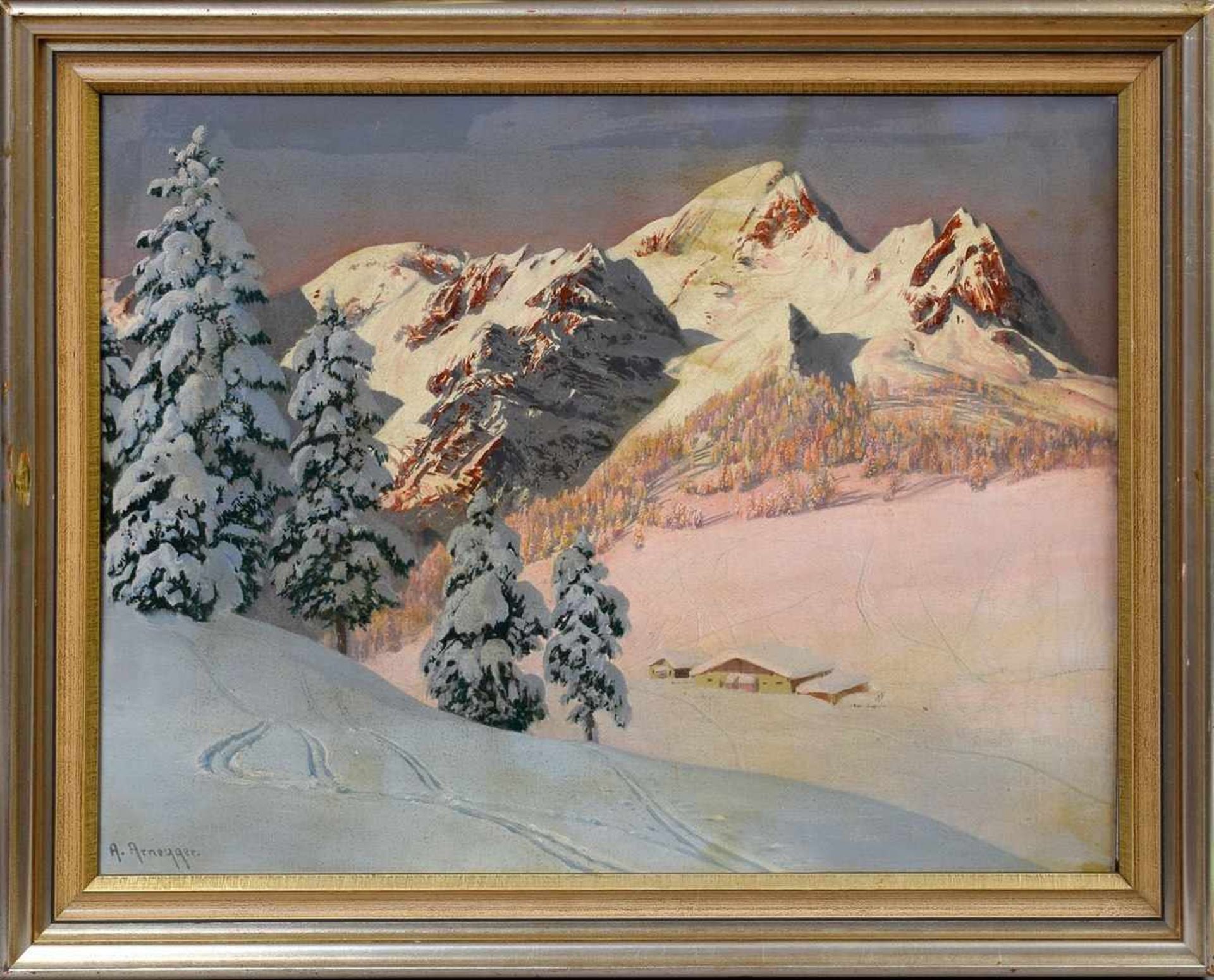 Arnegger, Alois (1879-1963) „Alpenglühen“, Öl/Leinwand über Platte, u.l. sign., 49x64cm (m.R. - Image 2 of 4