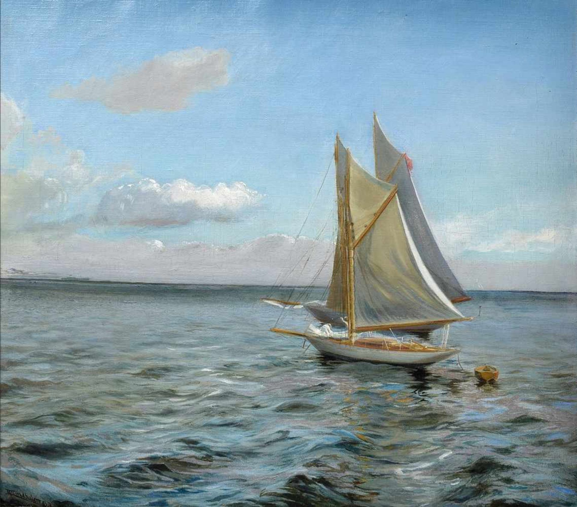 Marinemaler des beginnenden 20. Jahrhunderts „Segelboot an der Ostsee“, Öl/Leinwand, u.l. sign./dat.