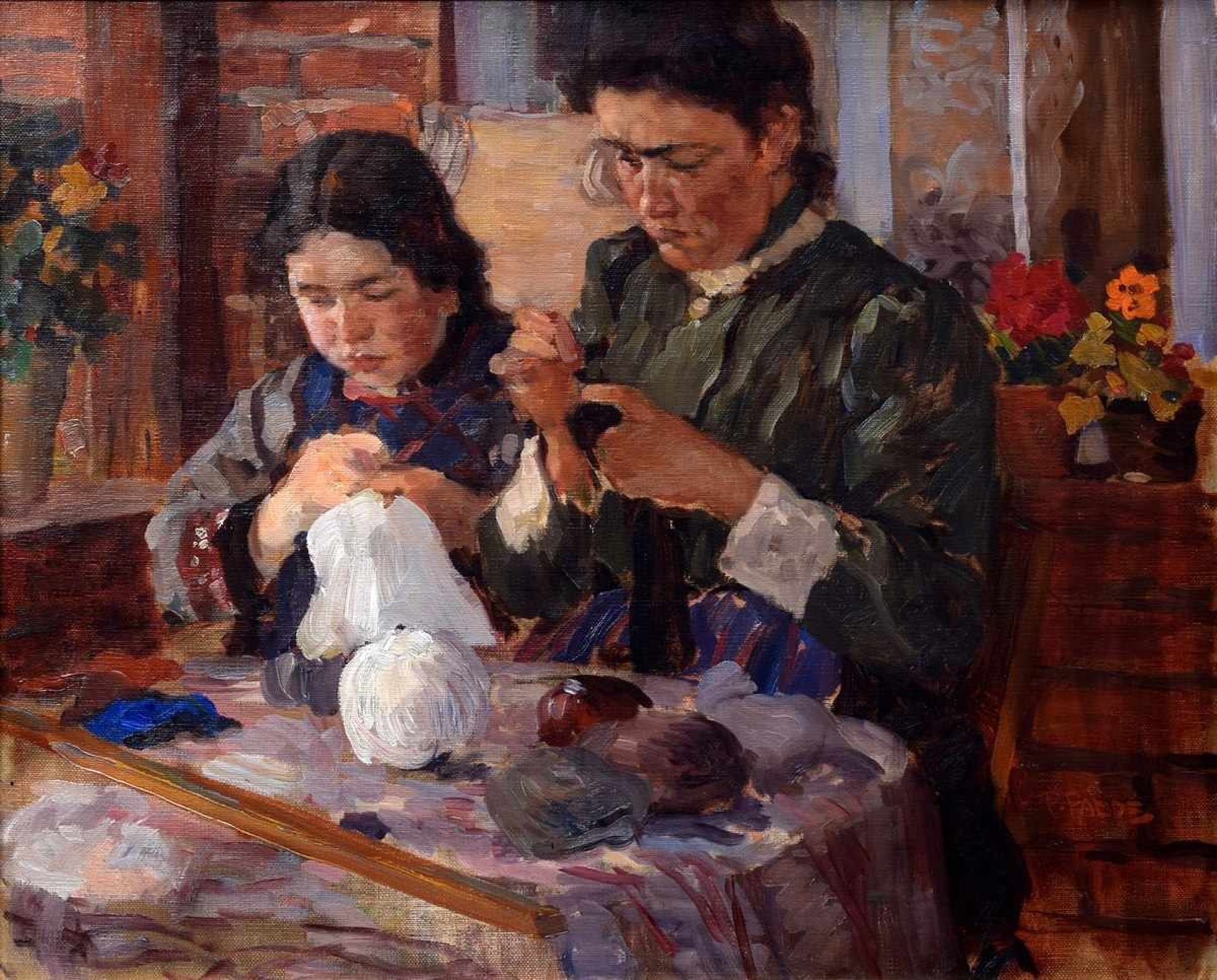 Paede, Paul (1868-1929) „Mutter und Tochter bei der Handarbeit“, Öl/Leinwand, u.r. sign., 53x66cm (