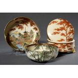 3 Diverse Teile moderne Satsuma Keramik mit Landschafts- und Floraldekor: 2 fünfpassige Schalen
