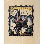 Kling, A. (?) "Boat mit Liebespaar", Holzschnitt coloriert, um 1920/25, u.r. schwer leserlich sign.,