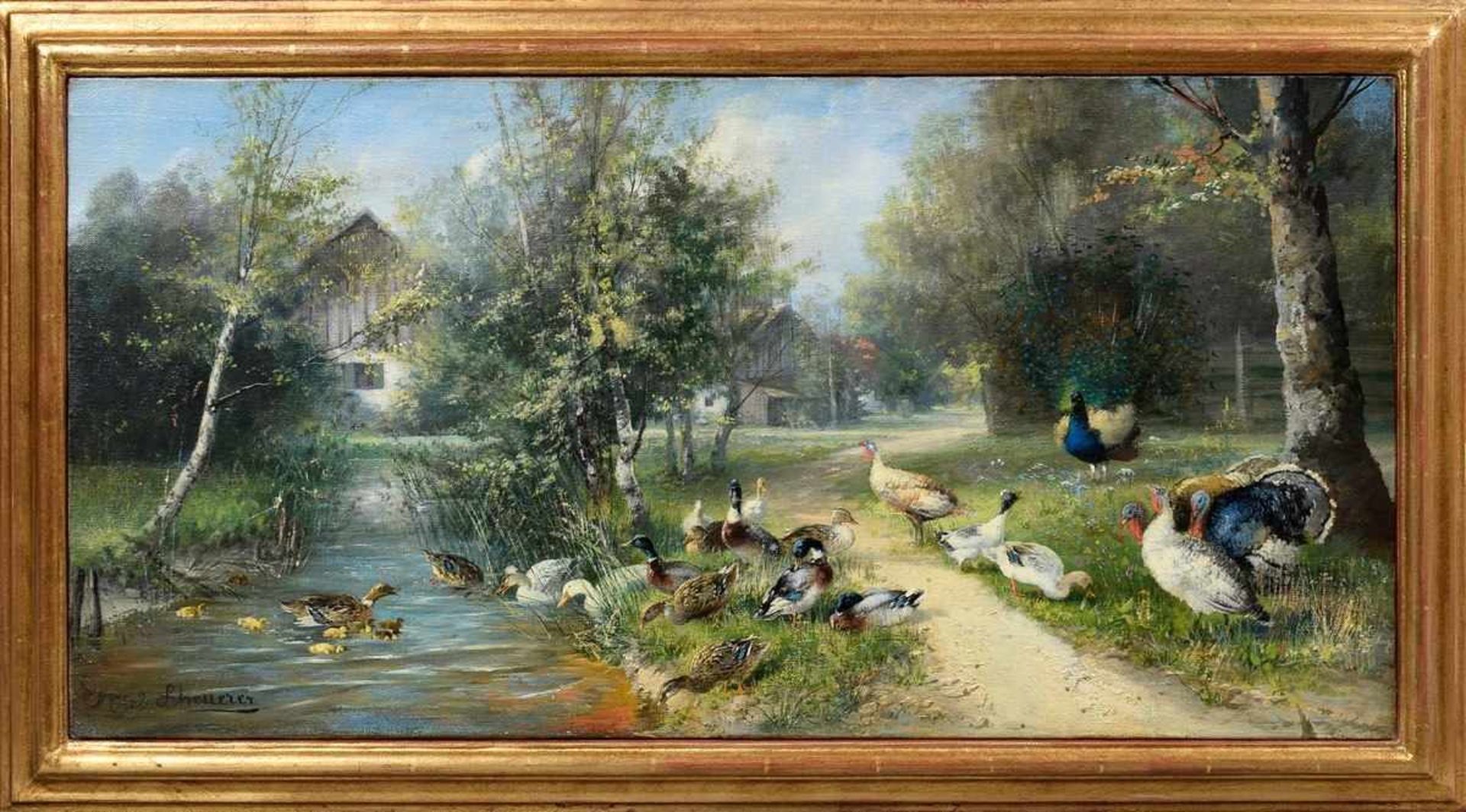 Scheuerer, Julius (1859-1913) „Enten und Puten an Bachlauf“, Öl/Leinwand, u.l. sign., 30x61,5cm (m. - Image 2 of 4