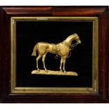 Vergoldetes Bronzerelief "Pferd mit Sattel und Zaumzeug", 35x40,5cm (m.R. 45,5x50cm), etwas
