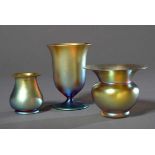 3 Diverse WMF "Myra" Glas Vasen in verschiedenen Formen, H. 6,5-11,5cm, etwas berieben3 Various