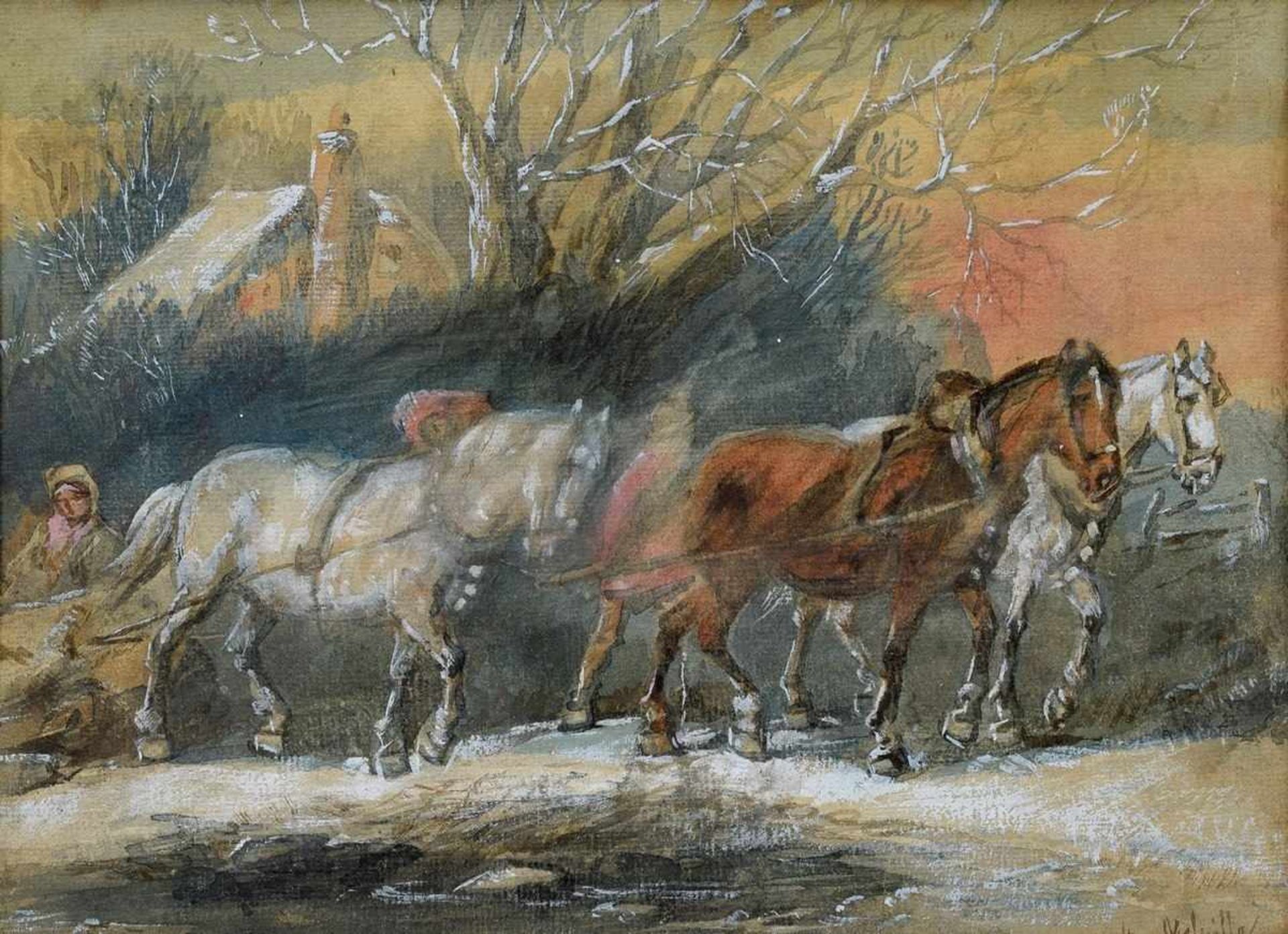 Melville, Harden Sidney (1837-1881) "Pferdeschlitten im Winter", Gouache, u.r. sign., 22,5x29cm (m.