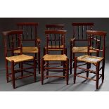6 Friesische Stühle: 2 Armlehnsessel und 4 Stühle, rot gefasst mit Geflechtsitz, H. 47/99cm6 Frisian