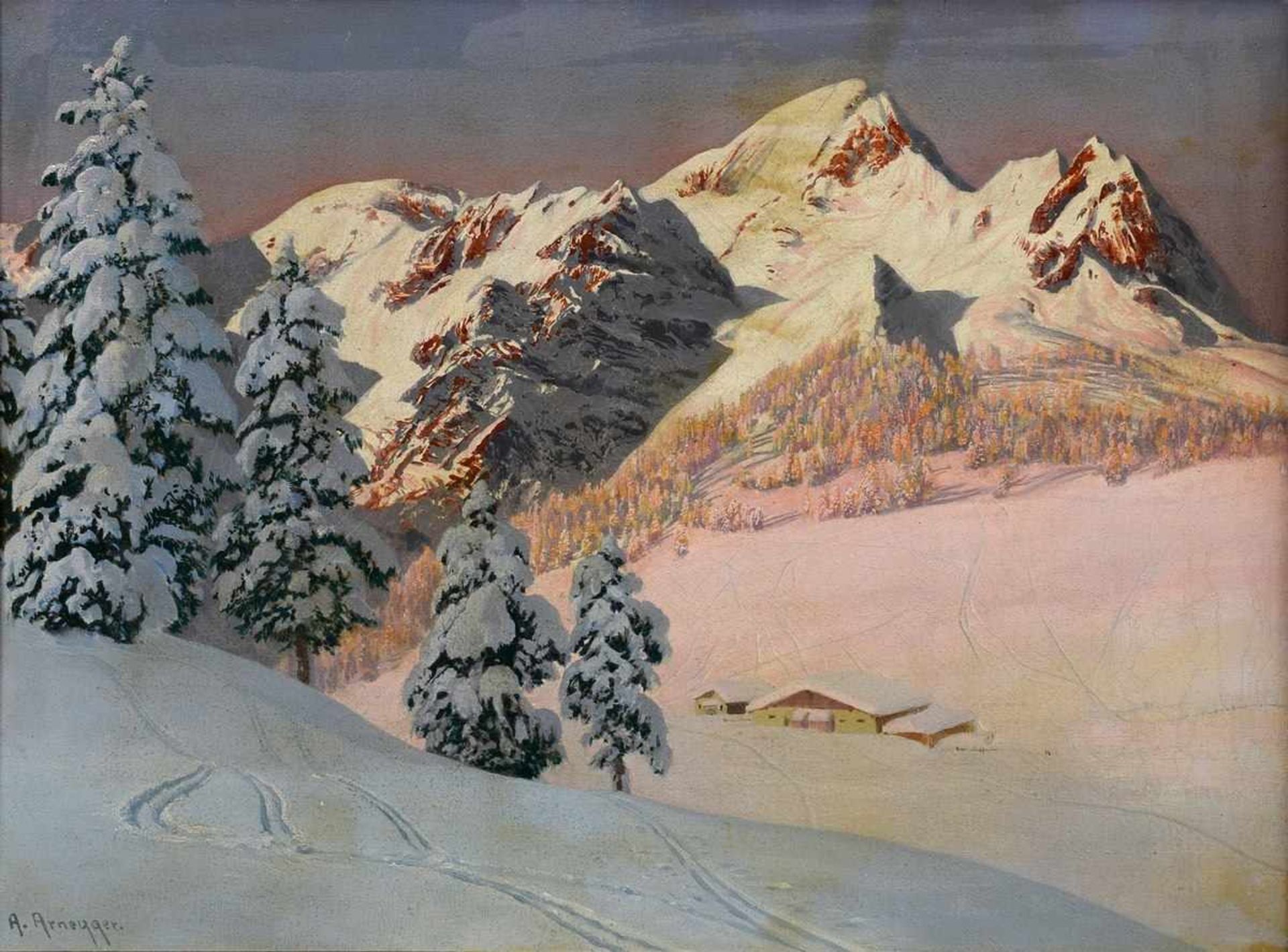 Arnegger, Alois (1879-1963) „Alpenglühen“, Öl/Leinwand über Platte, u.l. sign., 49x64cm (m.R.