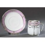 Porzellan Tasse mit klassizistischem Silveroverlay auf rosa/weißem Fond, Porzellanfabrik Hermann