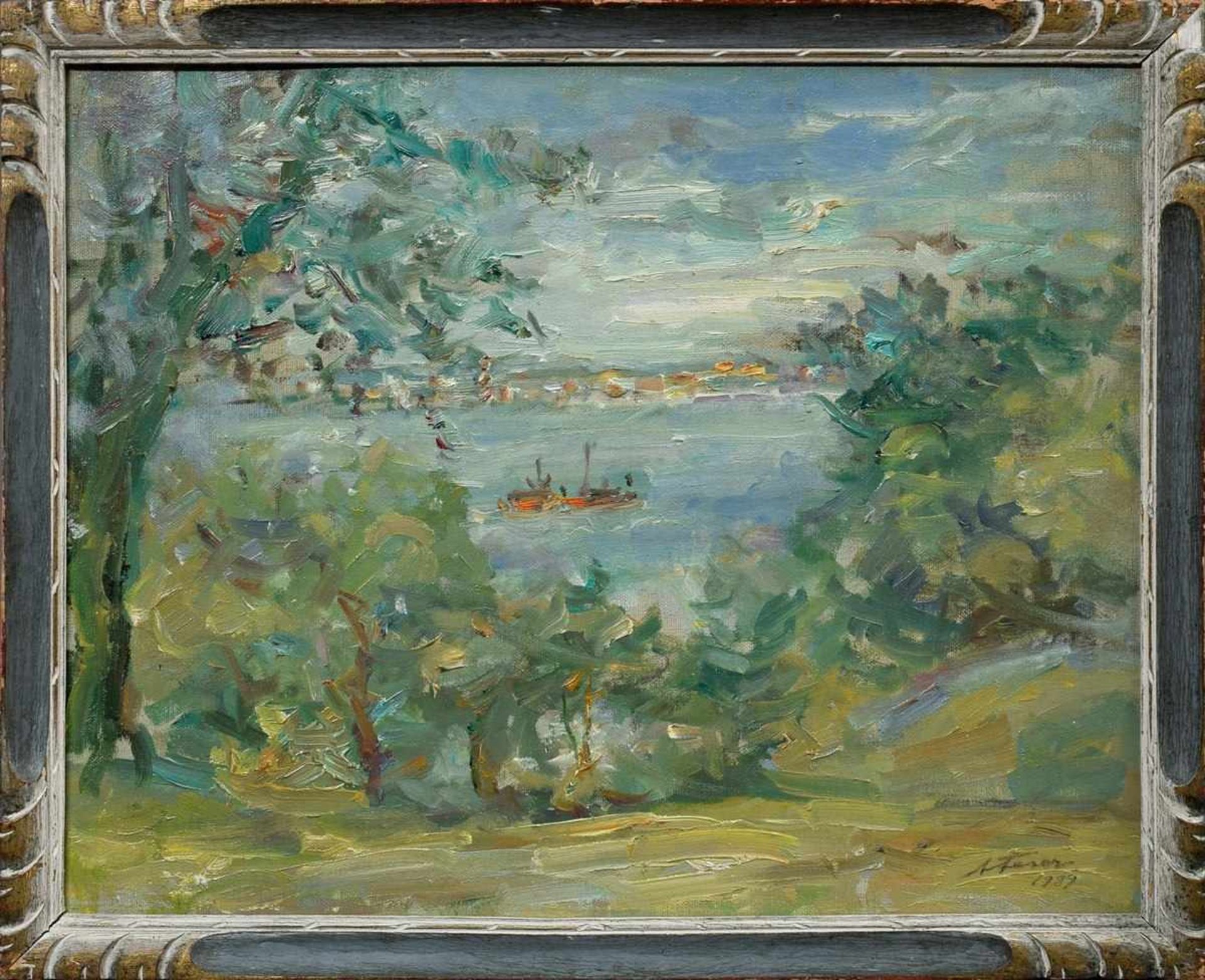 Feser, Albert (1901-1993) „Blicke über die Elbe auf Finkenwerder“ 1989, Öl/Malpappe, u.r. sign./ - Bild 2 aus 4