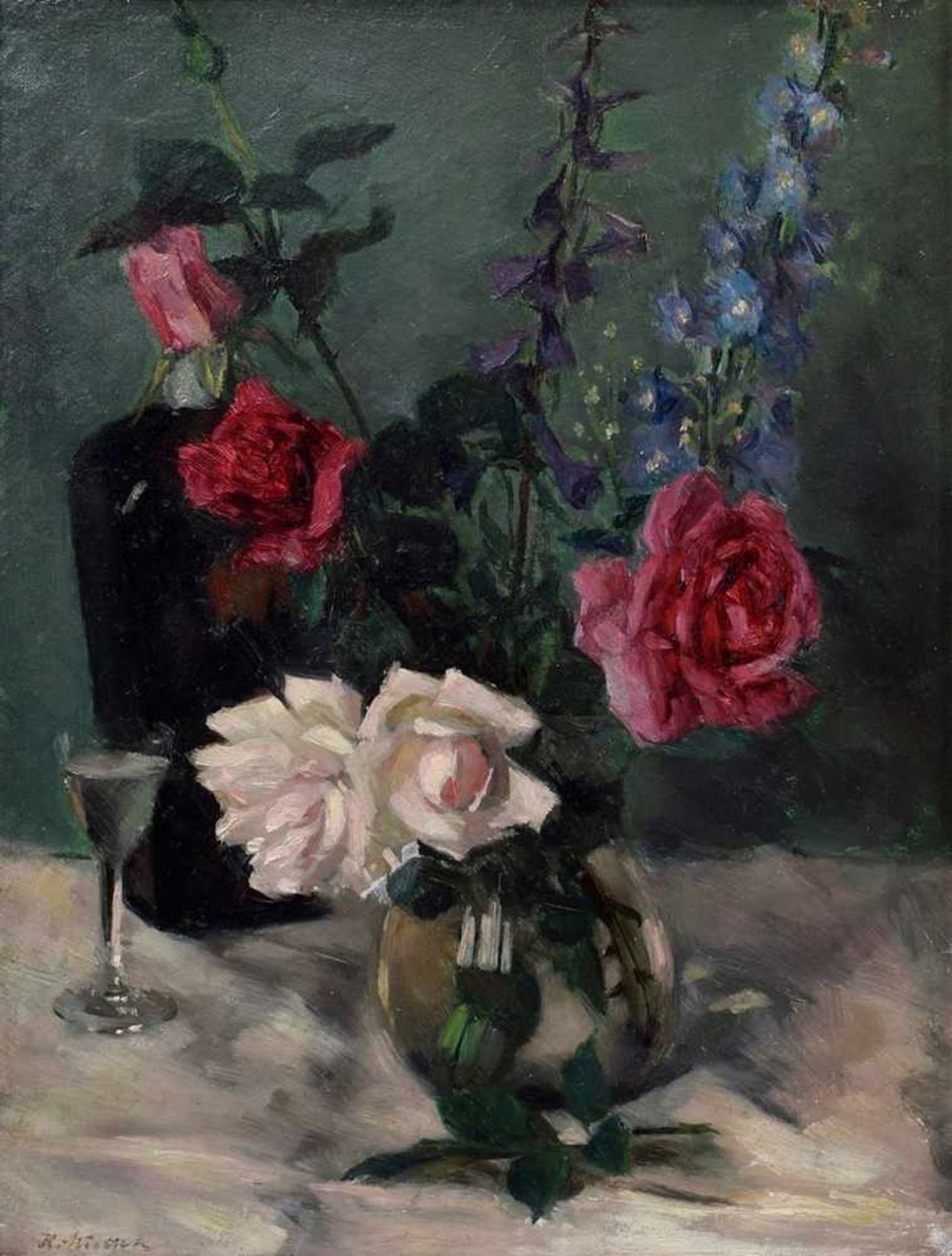 Miersch, Carl (1894-1964) „Blumenstillleben mit Flasche und Glas“, Öl/Malpappe, u.l. sign.,