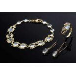 4 parts delicate GG 585 Moonstone cabochon jewellery set: bracelet (L. 20,5cm), earrings (L. 2,
