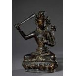 Tibetische Bronze „Der Bodhisattva der Weisheit Manjushri im Lotossitz mit Schwert und Buch“, schöne