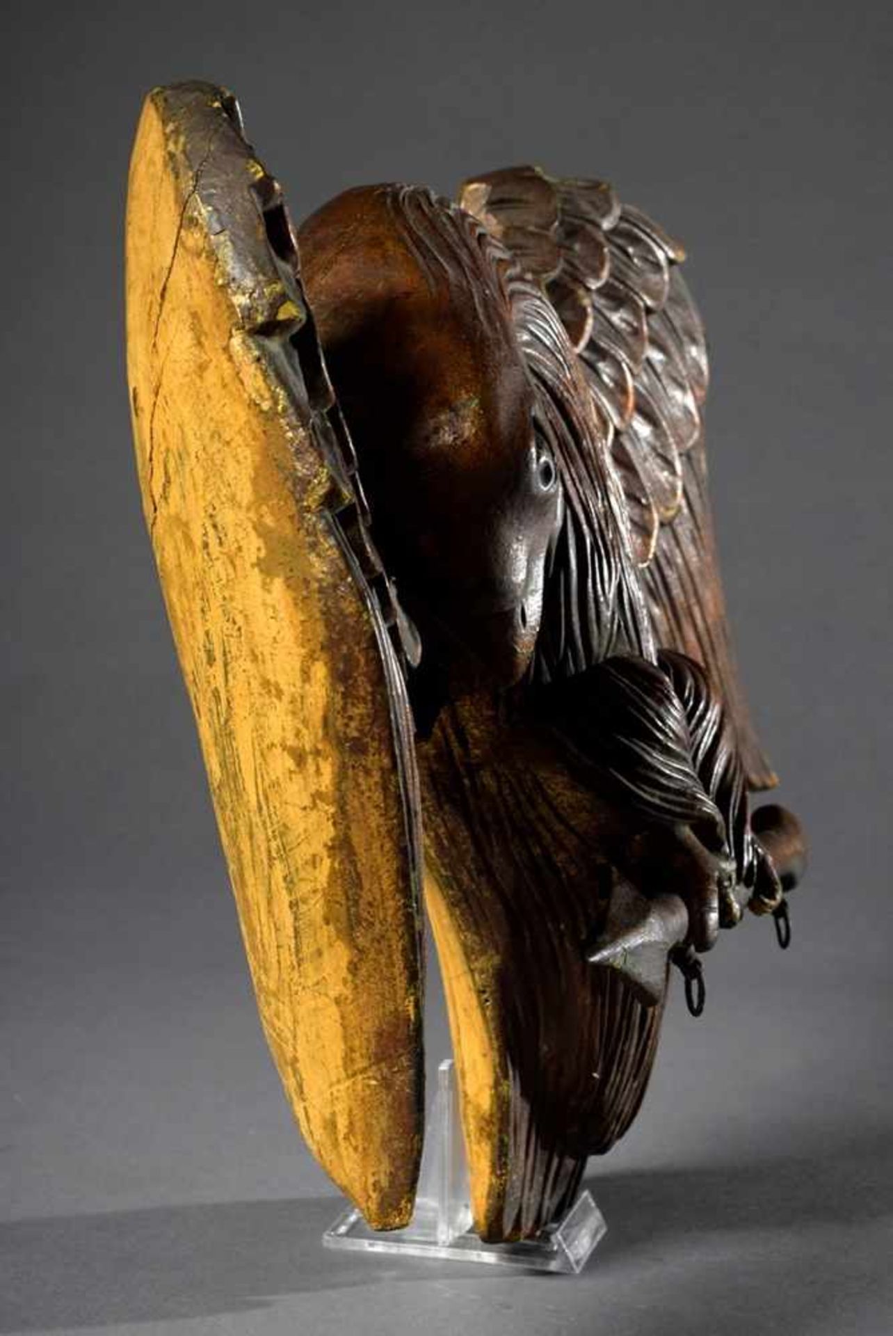 Spiegelbekrönung Schnitzerei "Adler mit Pfeil", Holz vergoldet, 30x42cm, etwas bestoßen, Nachlass - Bild 5 aus 5
