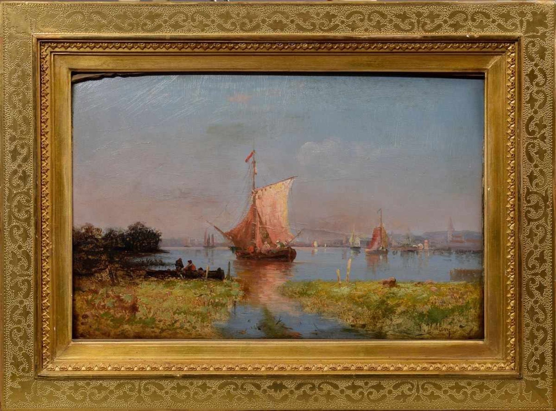 Paar Vallery, F. (1843-1905, Karl Kaufmann Pseudonym) „Flussszene mit Segelschiffen“, Öl/Holz, u. - Bild 4 aus 9