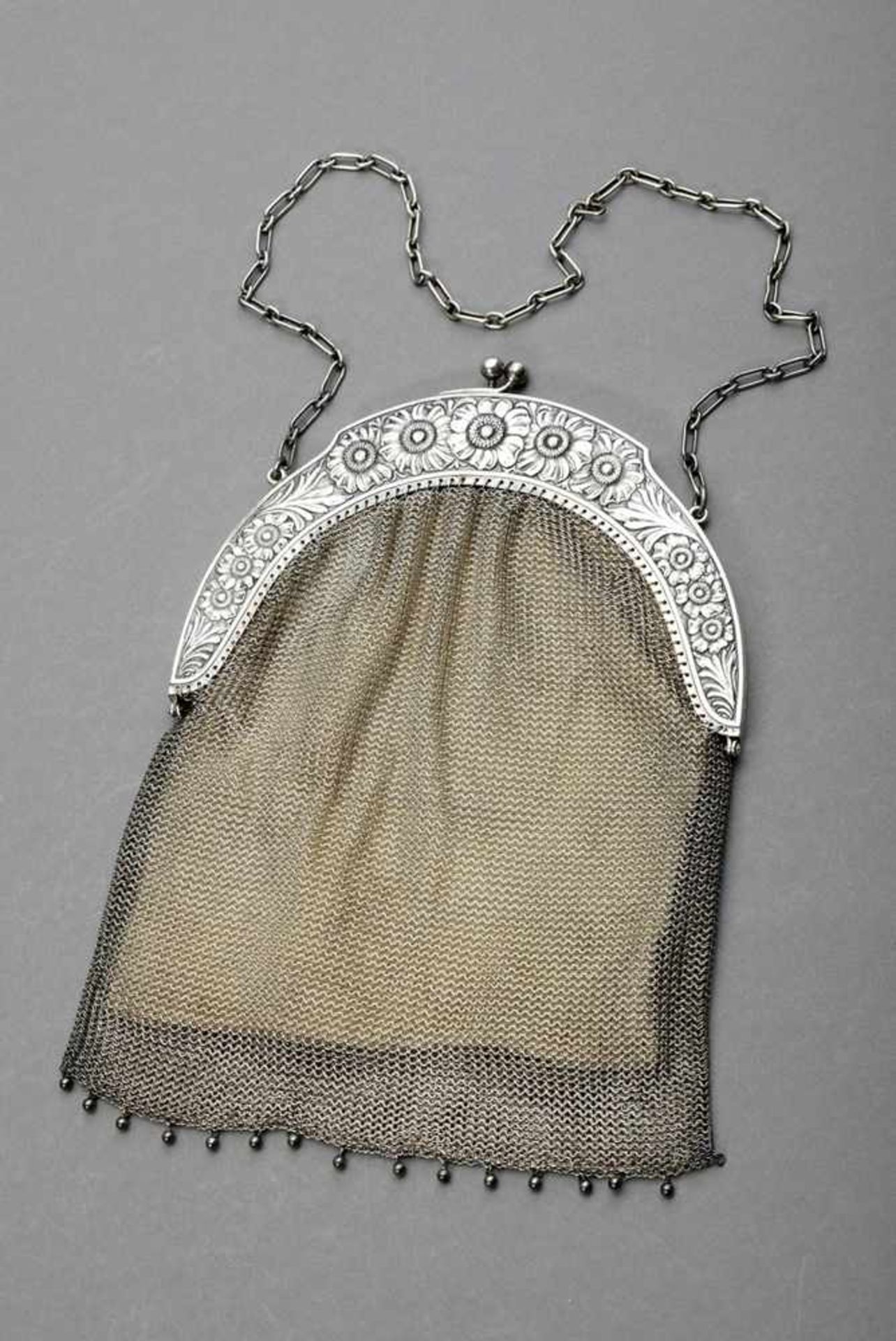 Silber Abendtasche mit floralem Bügel, innen mit Leder gefüttert, Silber 800, 22x17cmSilver