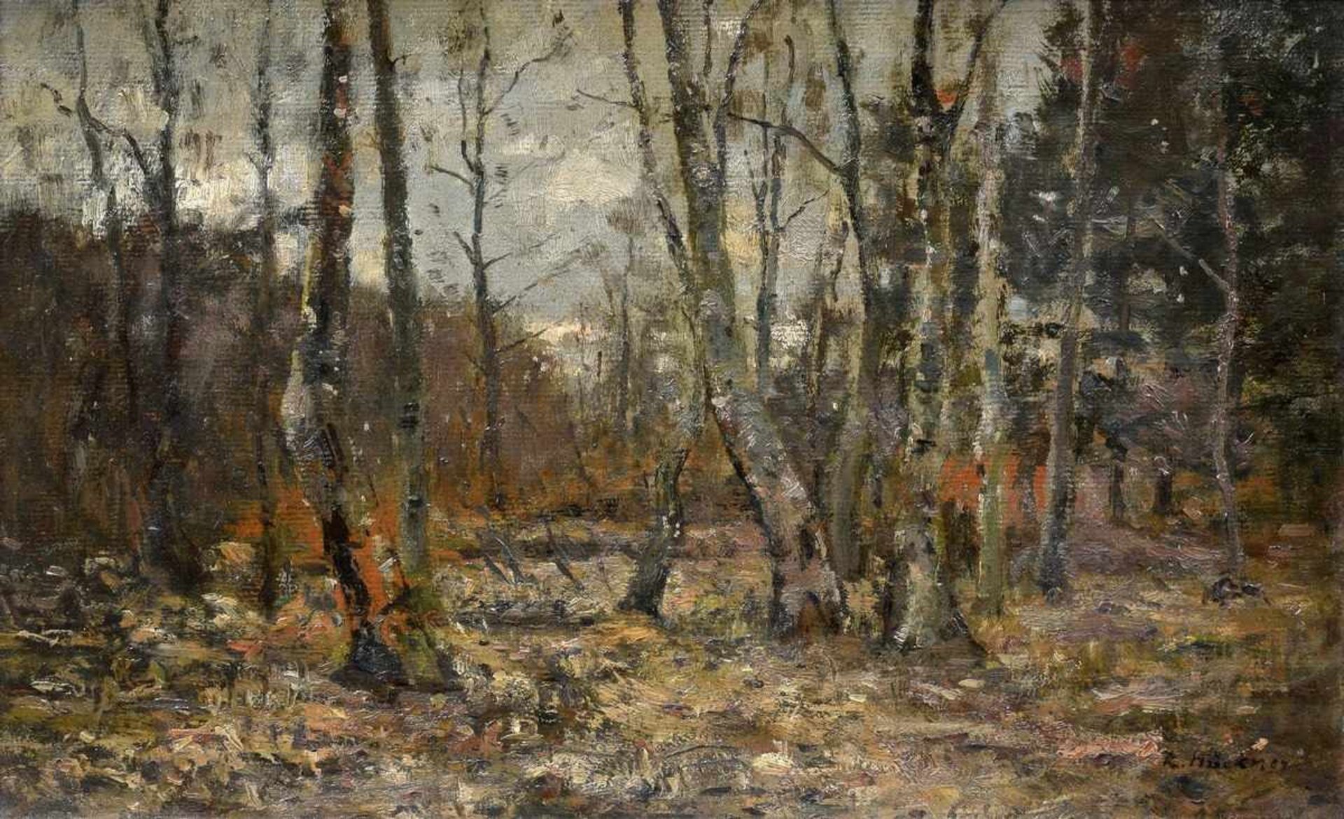 Höckner, Rudolf (1864-1942), "Herbstwald" 1907, Öl/Malpappe, u.r.sign./dat., 27x44cm (m.R. 38,5x55,