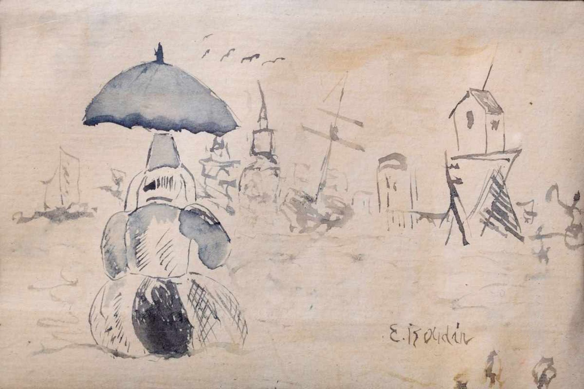 Boudin, Eugene (1824-1898) „Bretonin am Strand“, Federskizze, u.r. sign., 7,5x11,5cm (m.R. 13, - Bild 2 aus 3