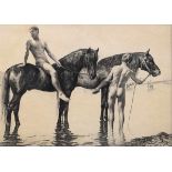 Jahn, Georg (1869-1941) „Pferdeschwemme“, Radierung, 35x49cm (m.R. 44x57,5cm), beschnitten, Nachlass