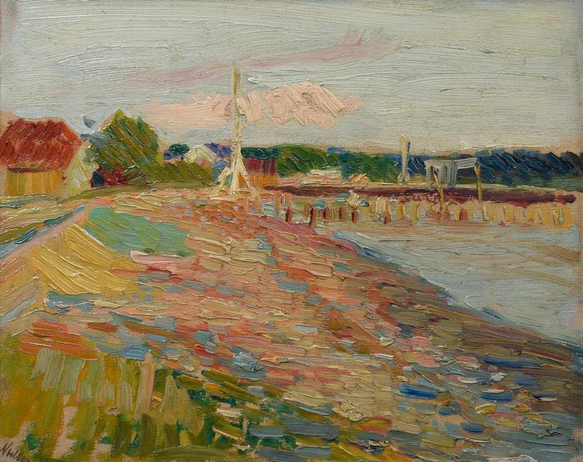 Nölken, Franz (1884-1918) "Strand mit Steg und Seezeichen" 1906, Öl/Leinwand auf Holz aufgezogen,