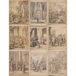 8 Diverse lavierte Federzeichnungen "Szenen aus dem Alten Testament", ca. 25x19,5cm, z.T. stark