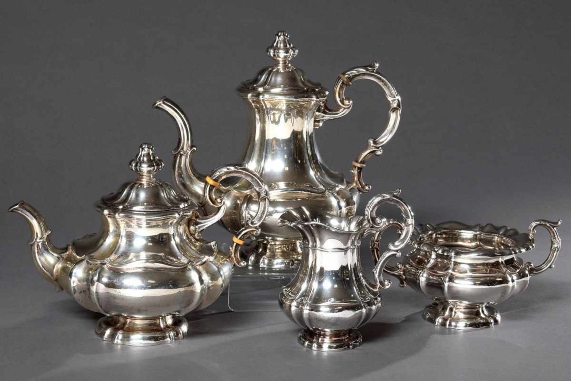 4 Teile Kaffee-Tee-Set in Spätbiedermeier Façon, Posen/Bruckmann & Söhne, Silber 835, 1864g, H. 11-