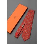 Hermès Krawatte in Rot "Elefantenpolo und Jockeys", Seide, L. 145cm, mit BoxHermès tie in red "