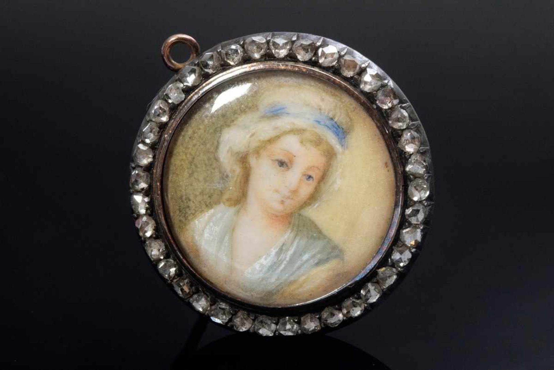 Feine RG 585/Silber Miniatur Nadel "Damenportrait" mit Anhängeröse und zartem Diamantrosenkranz (