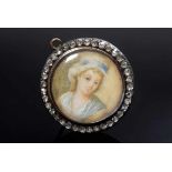 Feine RG 585/Silber Miniatur Nadel "Damenportrait" mit Anhängeröse und zartem Diamantrosenkranz (
