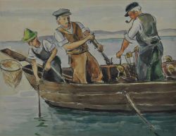EINHART Karl (1884 - 1967 Konstanz) "Fischer im Ruderboot", beim Netze einholen, im Hintergund Blick
