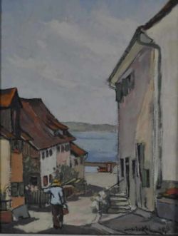 DINKEL Gaston (20.Jh. Bodensee) "Staad", Ansicht der Fischerstraße, im Hintergrund Blick auf den See